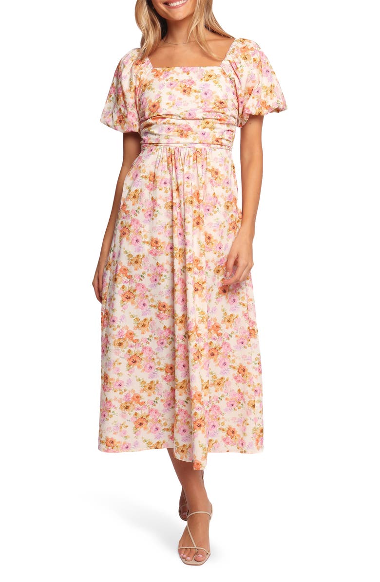 Petal & Pup Clo Floral Puff Sleeve Cotton Midi Dress, Main, color, Peach Floral