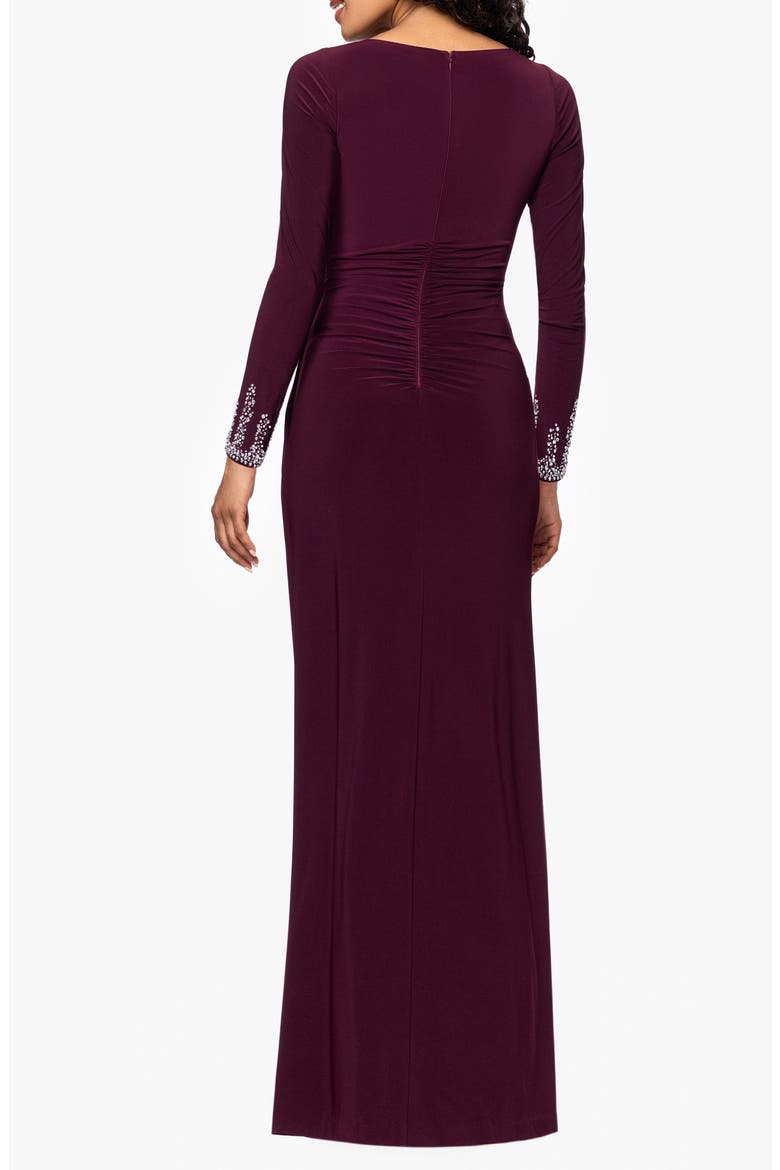 Embellished Cuff Ruched Long Sleeve Sheath Gown, Alternate, color, WINE