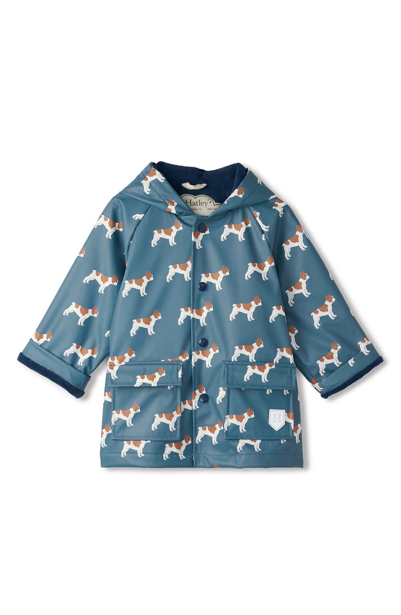 Hatley Friendly Bulldogs Hooded Raincoat, Main, color, 