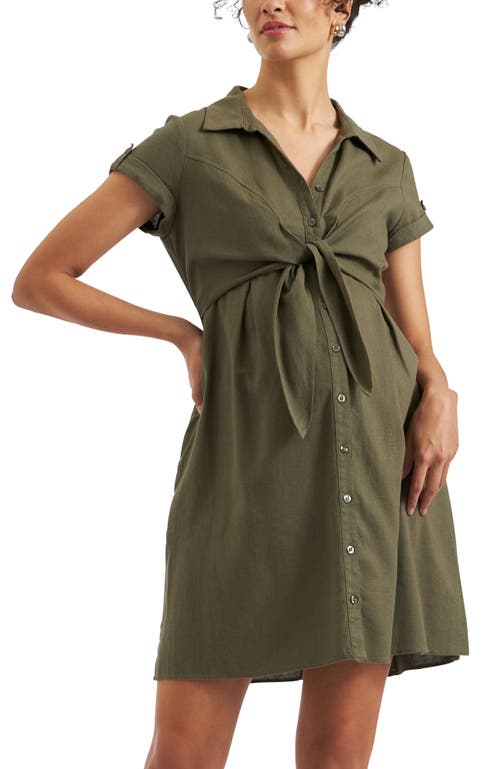 Ripe Maternity Colette Tie Up Dark Blue Linen Nursing Dress For Summer In Green