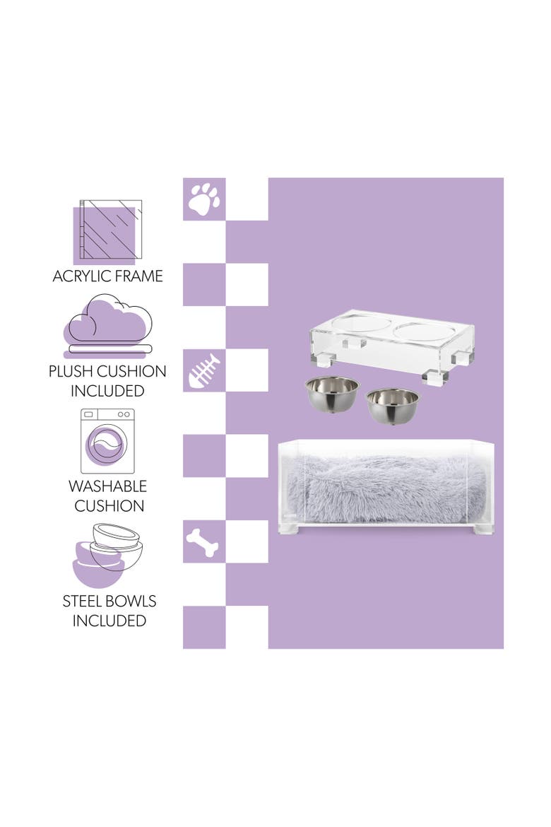 Billie Modern Acrylic Calming Fluffy Pet Bed with Washable Cushion and Elevated Pet Feeder with 2-Stainless Steel Bowls, Alternate, color, Light Gray/Clear