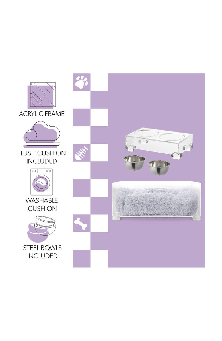 The Licker Store Billie 24" x 15.75" Small Modern Lucite Calming Fluffy Pet Bed with Washable Cushion and 4" Elevated Pet Feeder with 27 oz 2-Stainless Steel Bowls, Alternate, color, Light Gray/Clear