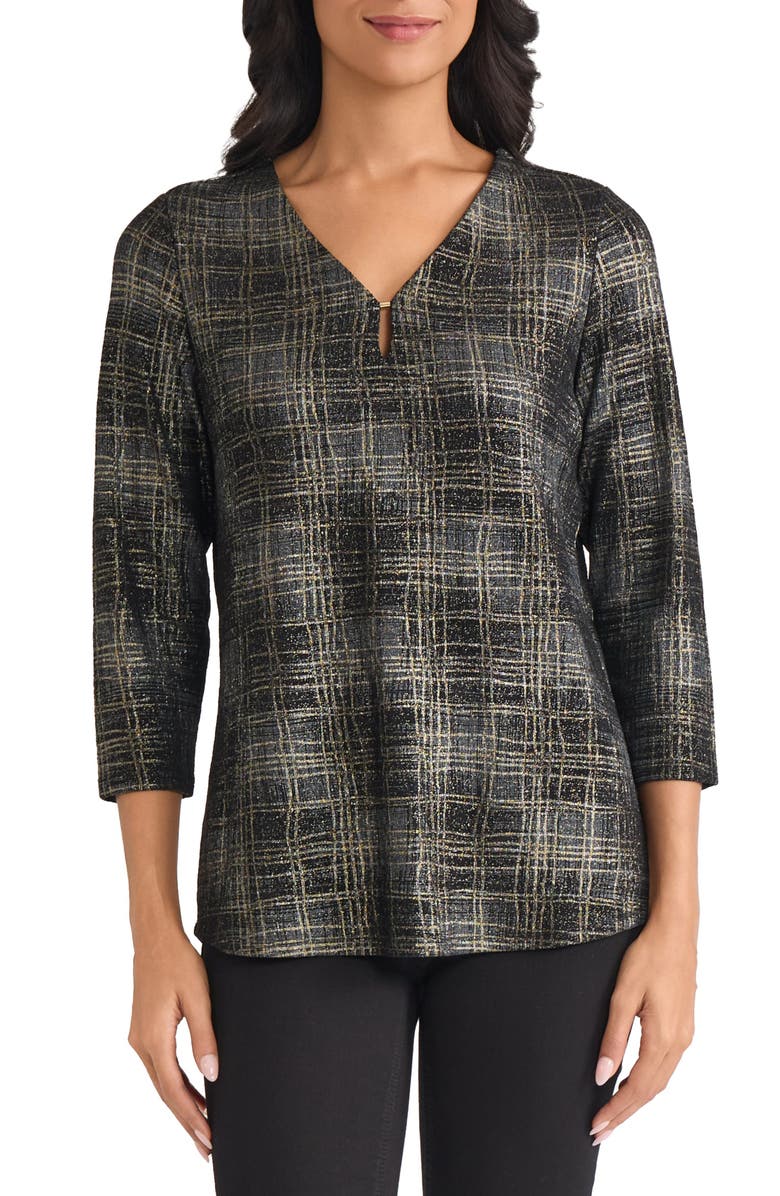 Jones New York Plaid Metallic V-Neck Top, Main, color, Jones Black Multi