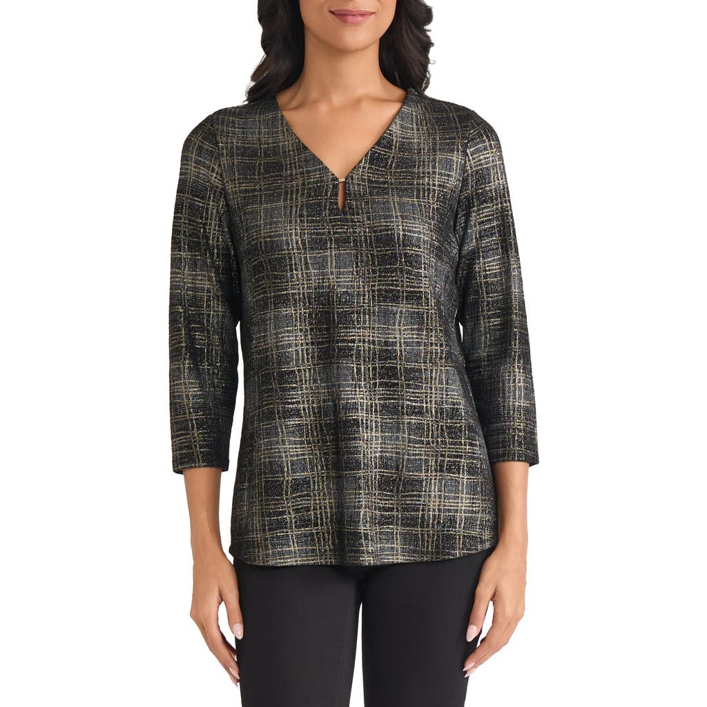 Jones New York Plaid Metallic V-neck Top In Multi
