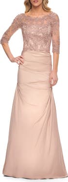 La Femme Classic Floral Lace Gown