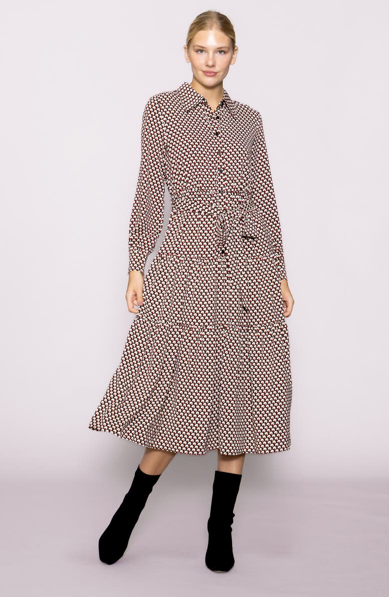 MELLODAY Tiered Long Sleeve Shirtdress, Alternate, color, Multi Red