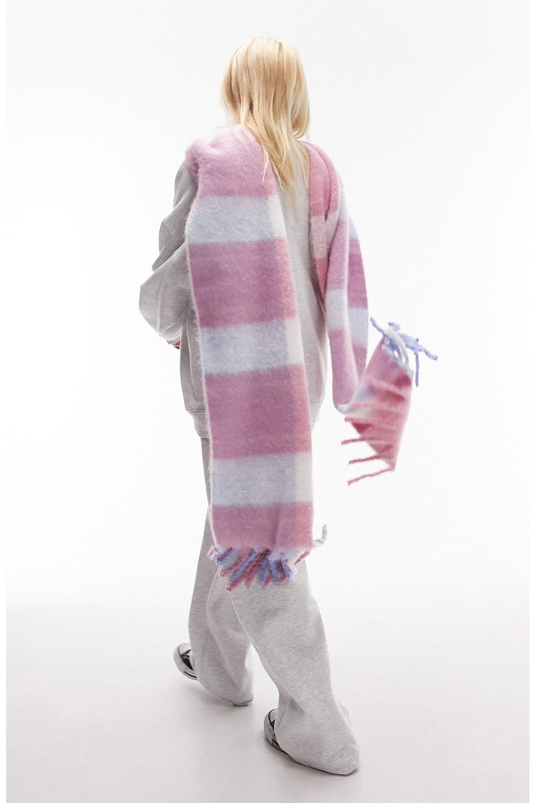 Blanket Check Fringe Scarf, Alternate, color, PINK