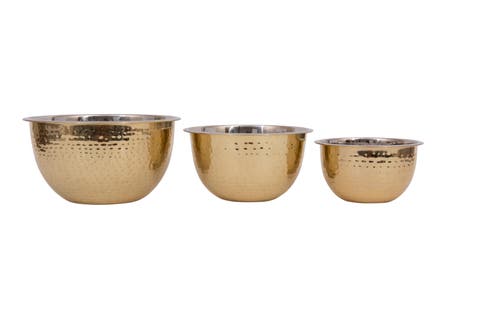 Transitional Hammered Stainless Steel Bowls, Gold Finish, Set of 3 Sizes