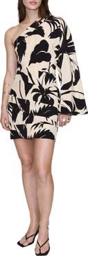 MANGO Abstract Leaf Print One Shoulder Minidress