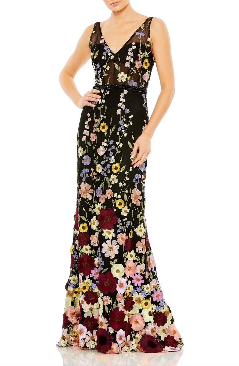 Mac Duggal Sleeveless Hand Stitched Floral Applique Dress, Main, color, Black Multi