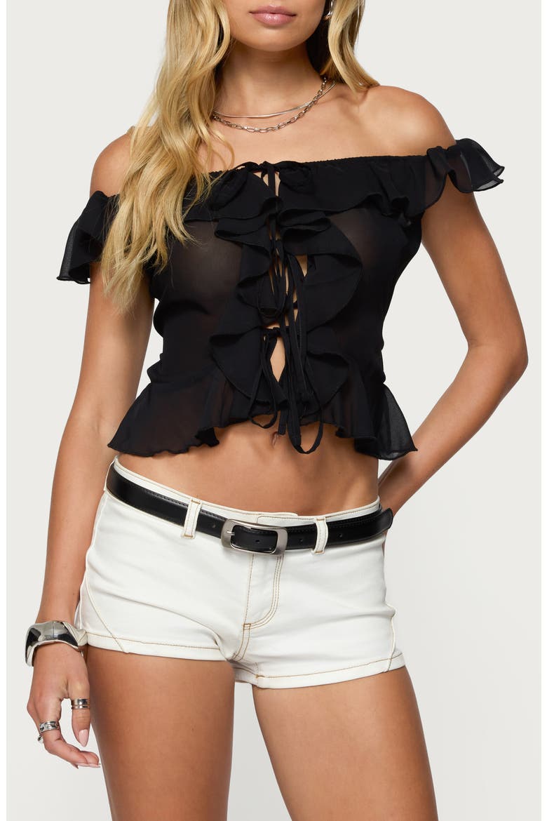 Ruffle Off the Shoulder Chiffon Top, Main, color, BLACK
