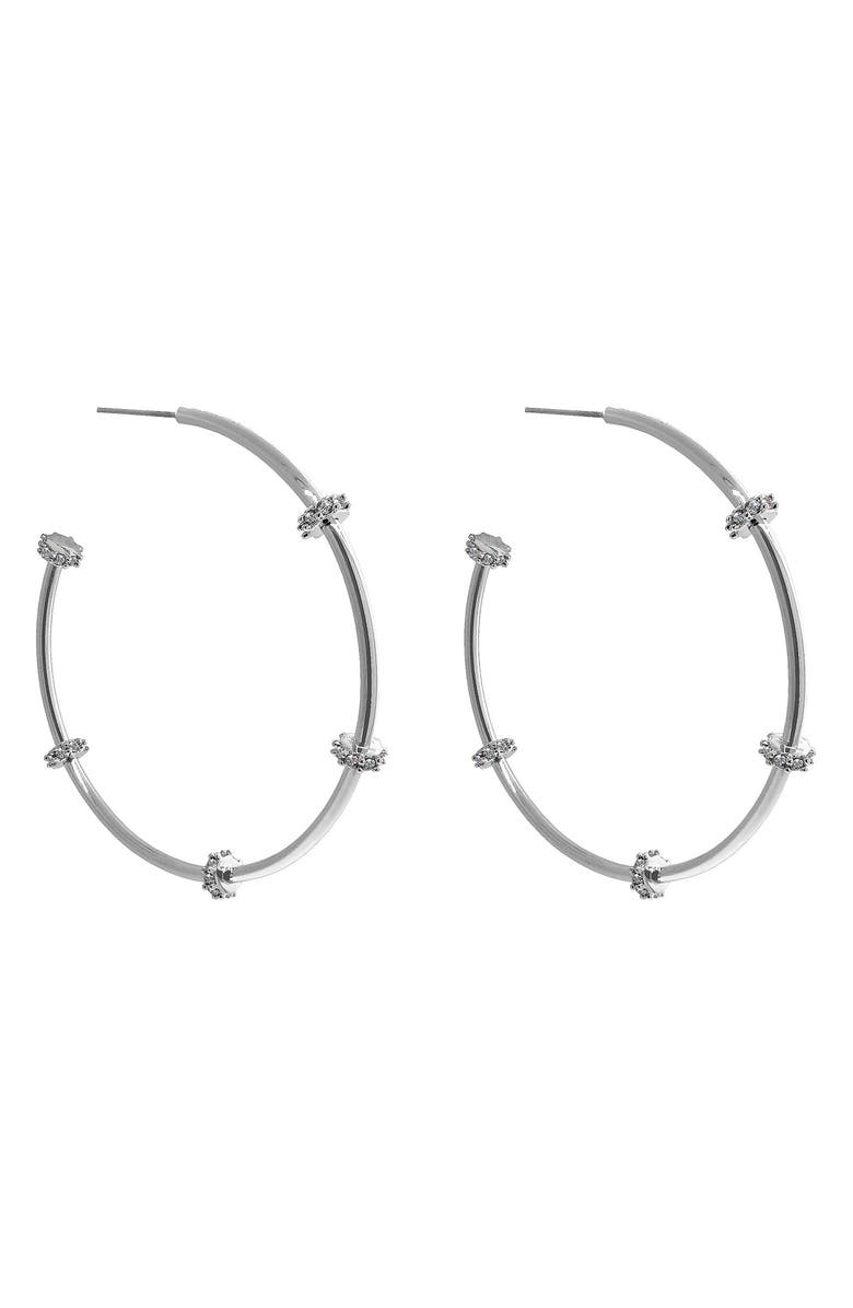 Liza Schwartz Stella 18K Gold Plated CZ Station Hoop Earrings, Main, color, Silver