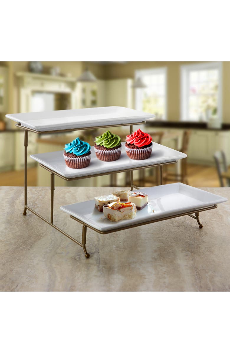 Gibson Elite Gracious Dining 3 Tie Rectangle Porcelain Plate Set with Gold Metal Stand, Alternate, color, White