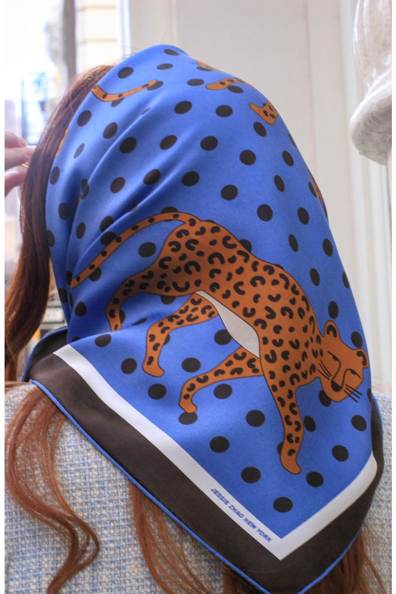 Double Sided Silk Scarf Of Blue Leopards Garden, Alternate, color, Blue