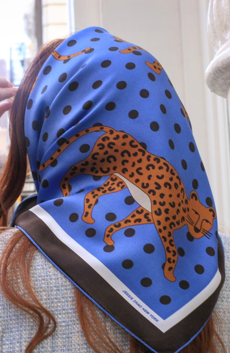 Jessie Zhao New York Double Sided Silk Scarf Of Blue Leopards Garden, Alternate, color, Blue