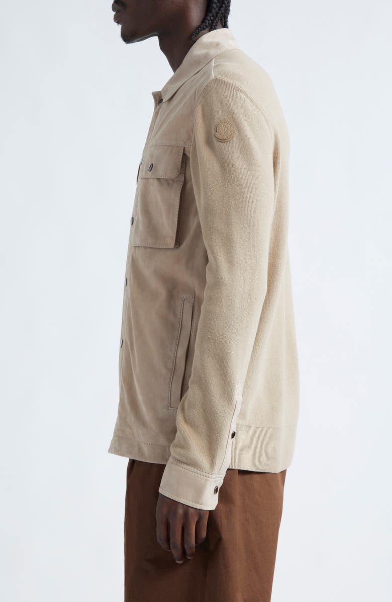 Moncler Leather & Cotton Knit Overshirt, Alternate, color,