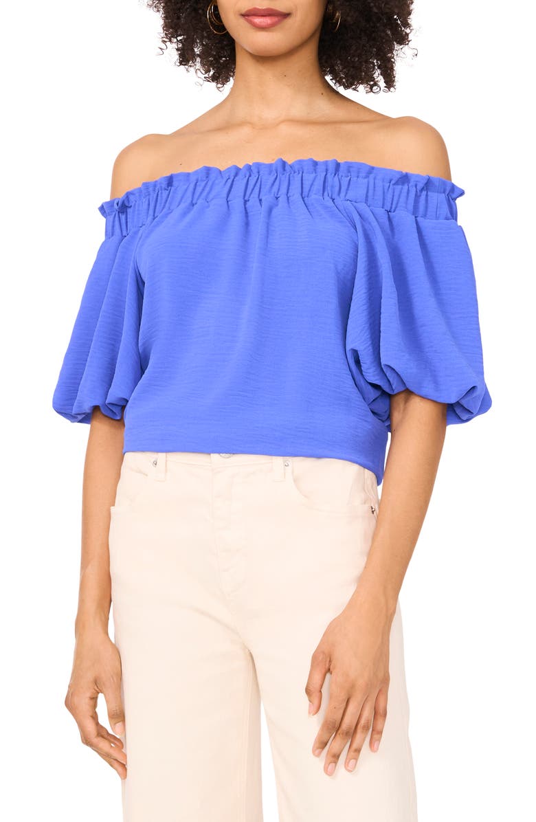 Vince Camuto Print Off the Shoulder Puff Sleeve Top, Main, color, Dazzling Blue