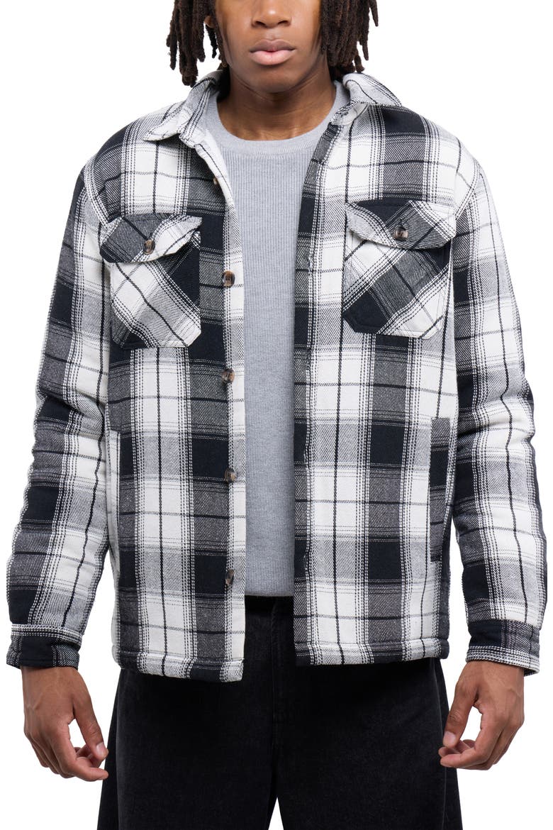Faux Shearling Lined Flannel Shirt Jacket, Main, color, WHITE/ BLACK