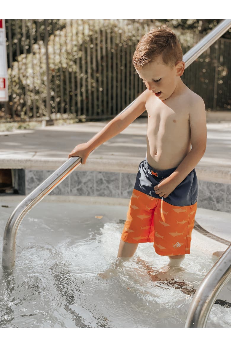 Swim Trunks with Mesh Lining UPF 50+, Alternate, color, Blue orange shark