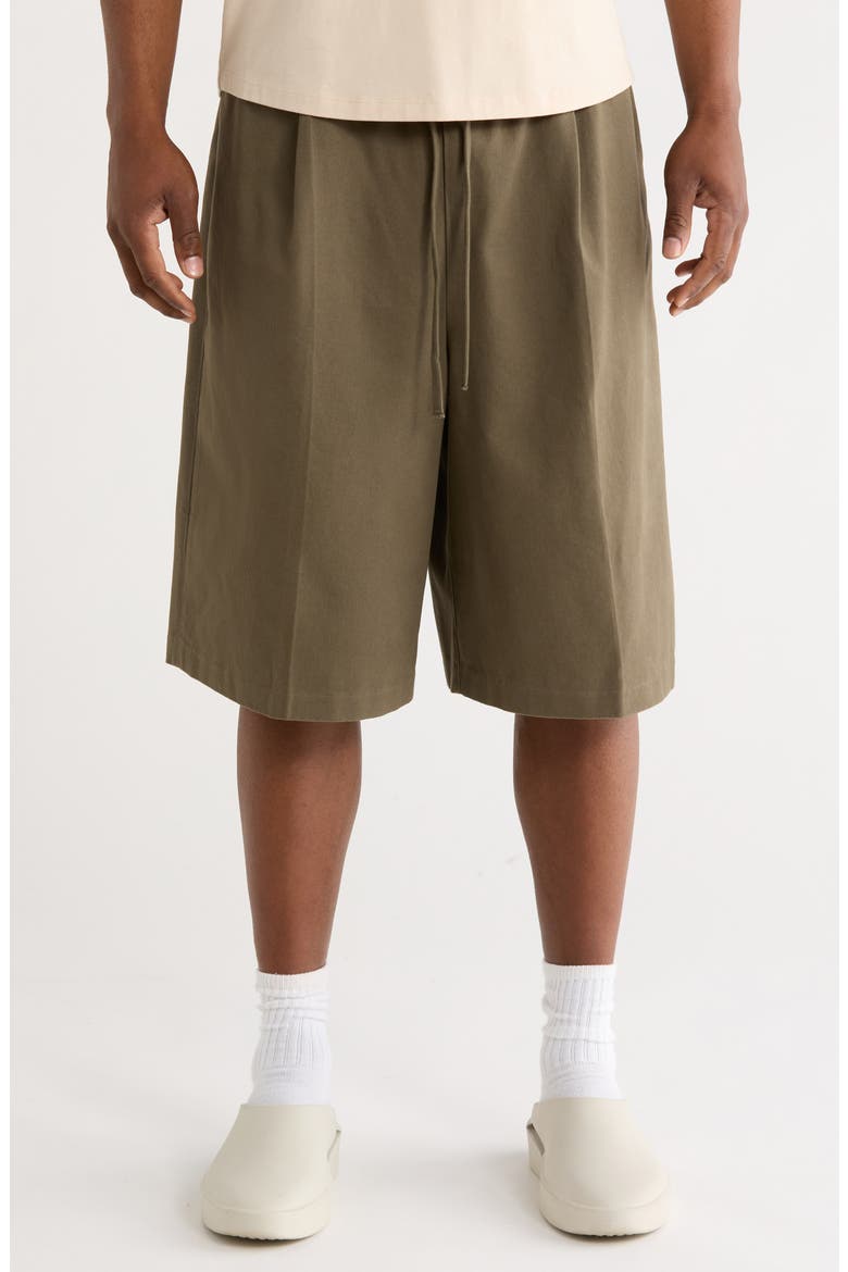 Pleat Front Relaxed Fit Drawstring Cotton Twill Shorts, Main, color, MOSS