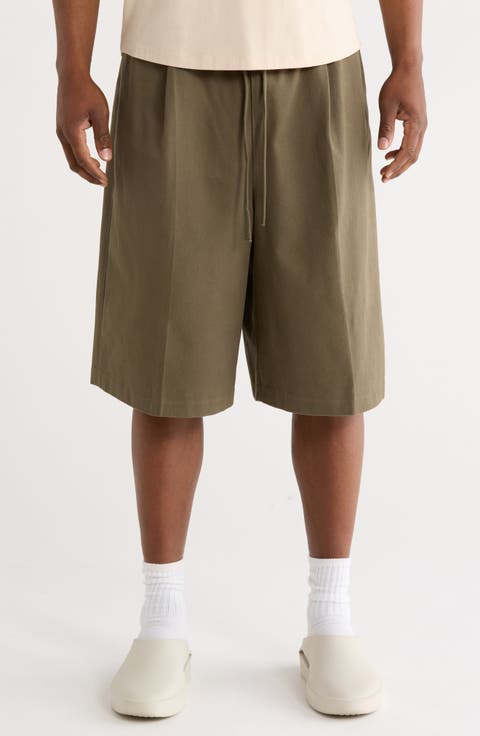 Pleat Front Relaxed Fit Drawstring Cotton Twill Shorts