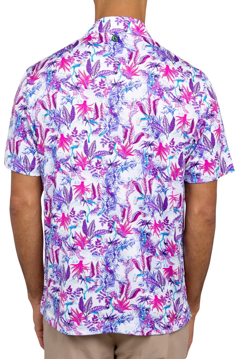 Regular Fit Exotic Bird Print Recycled Performance Golf Polo, Alternate, color, WHITE/PURPLE