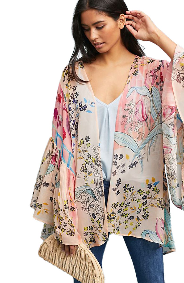 SAACHI Floral Ruffle Sleeve Short Duster, Alternate, color, Pink