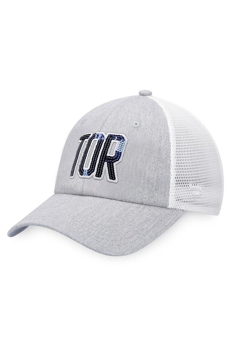 Women's  Fanatics Branded Heather Gray/White Toronto Maple Leafs Iconic Glimmer Trucker Snapback Hat, Alternate, color, Heather Gray