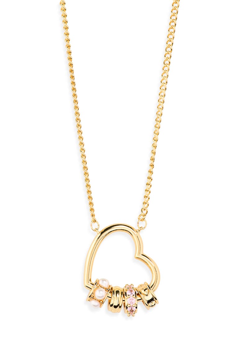 Cubic Zirconia & Faux Pearl Rondelle Charm Heart Pendant Necklace, Alternate, color, CLEAR- WHITE- GOLD