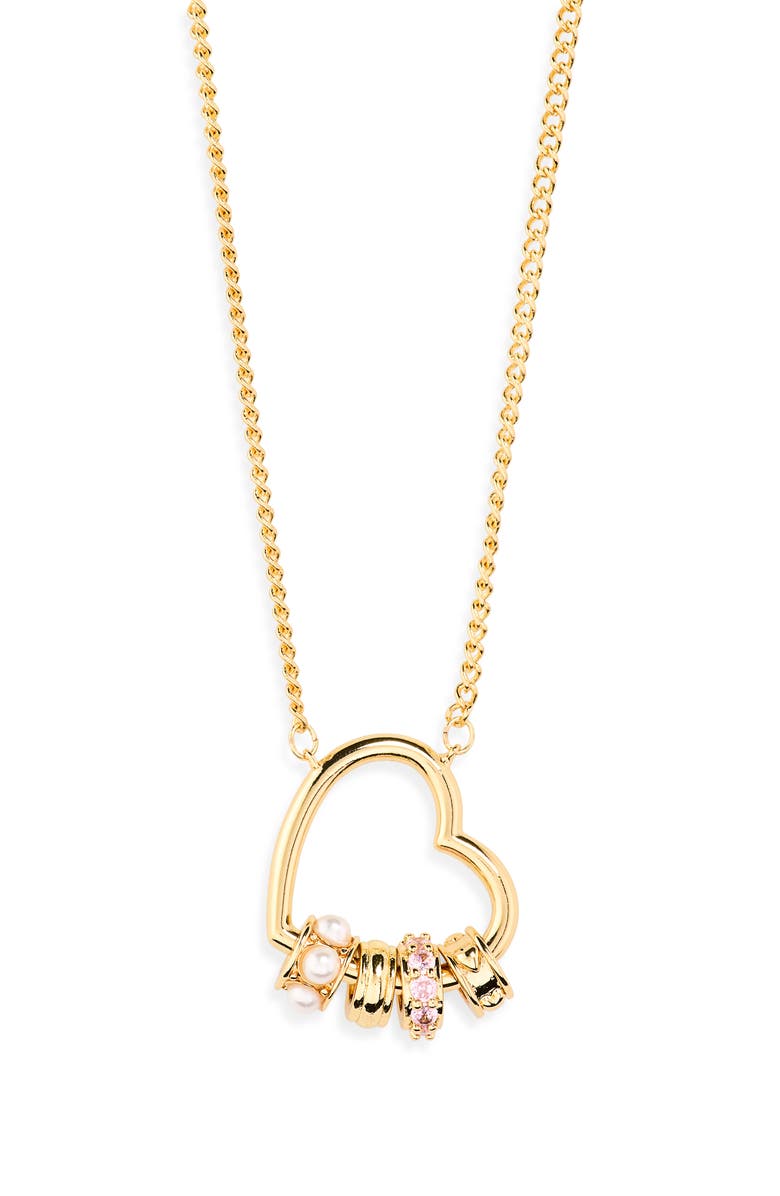 Leith Cubic Zirconia & Faux Pearl Rondelle Charm Heart Pendant Necklace, Alternate, color, Clear- White- Gold