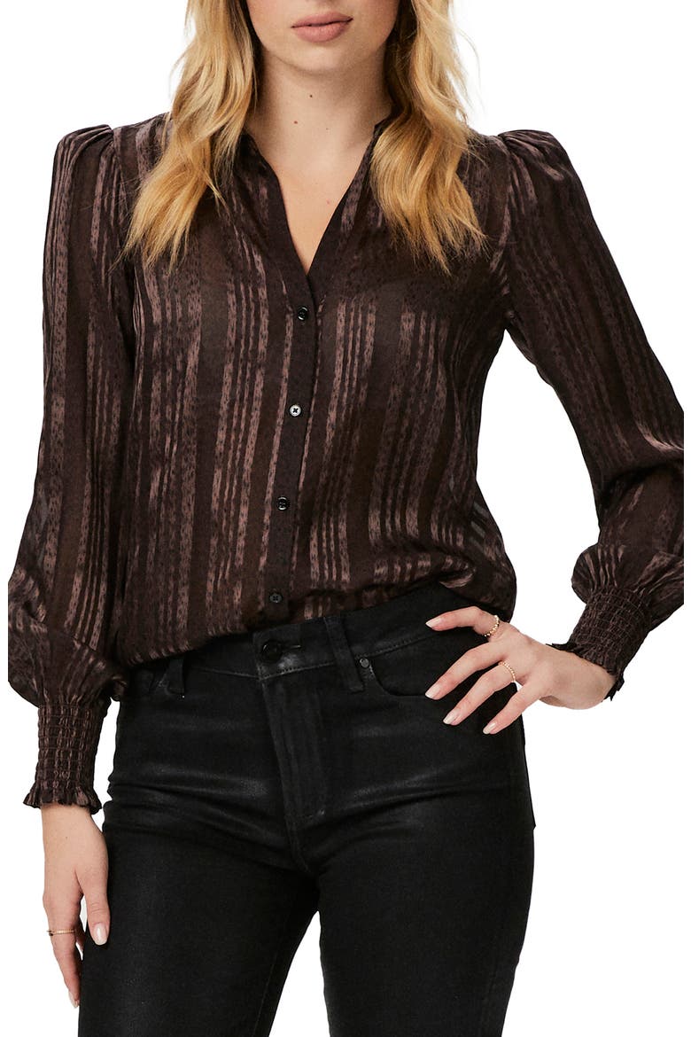 Kaitlin Stripe Balloon Sleeve Silk Button-Up Shirt, Main, color, CACAO