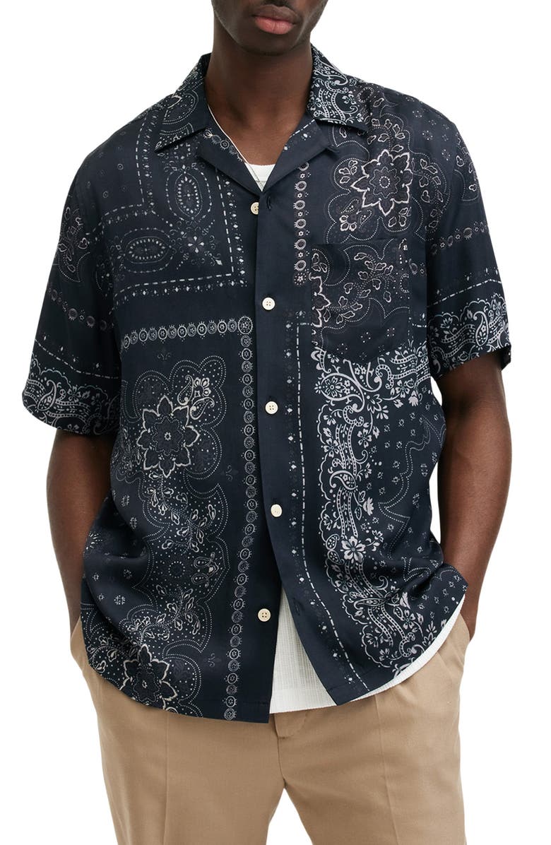 AllSaints Jalisco Bandana Print Camp Shirt, Main, color, Black