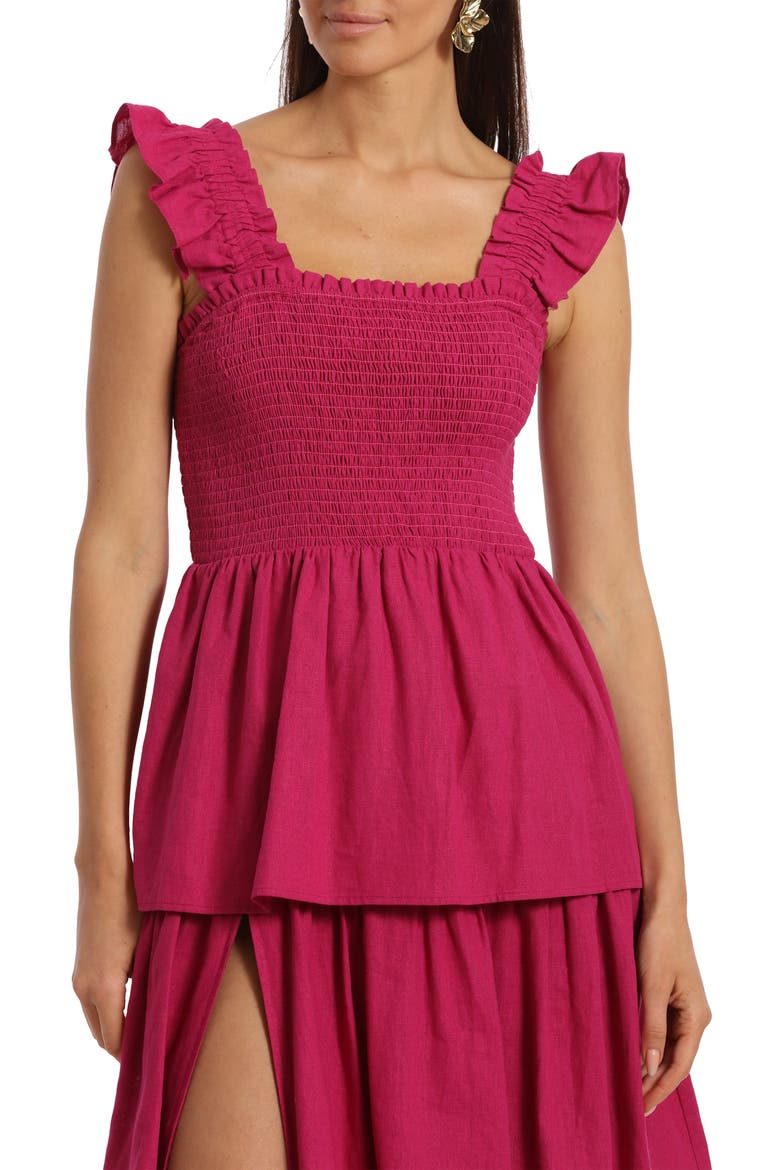 Smocked Tiered Linen Blend Sundress, Alternate, color, MAGENTA