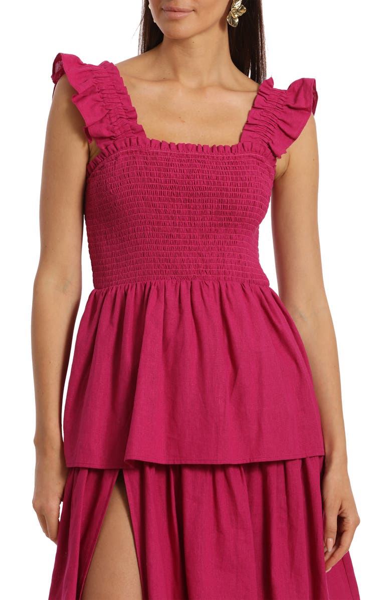 Avec Les Filles Smocked Tiered Linen Blend Sundress, Alternate, color, 