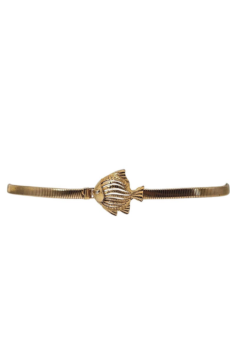 Vintage 1980s Goldtone Stretch Snake Lucky Sea Fish Belt, Alternate, color, Gold