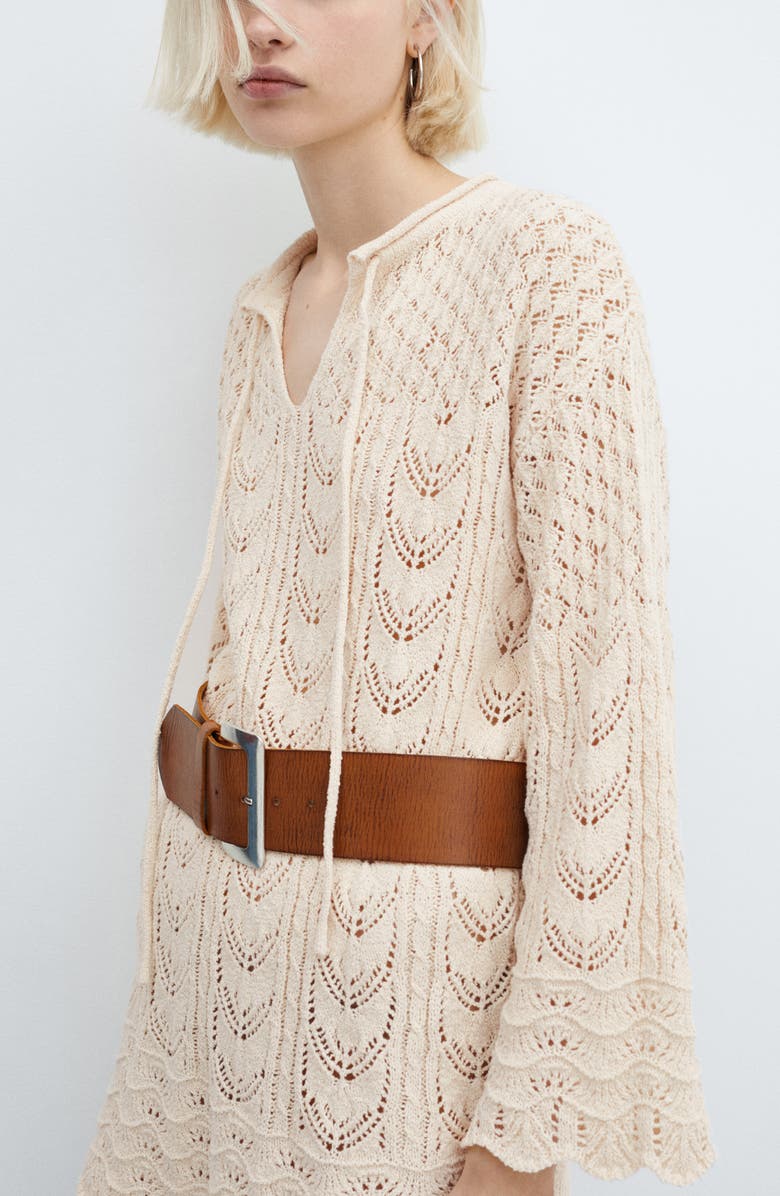 MANGO Open Stitch Belted Flare Long Sleeve Minidress, Alternate, color, 