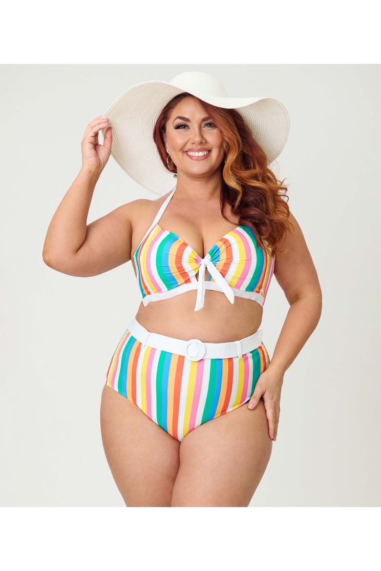 Plus Size Bow Halter Swim Top, Alternate, color, Blue Rainbow Stripe