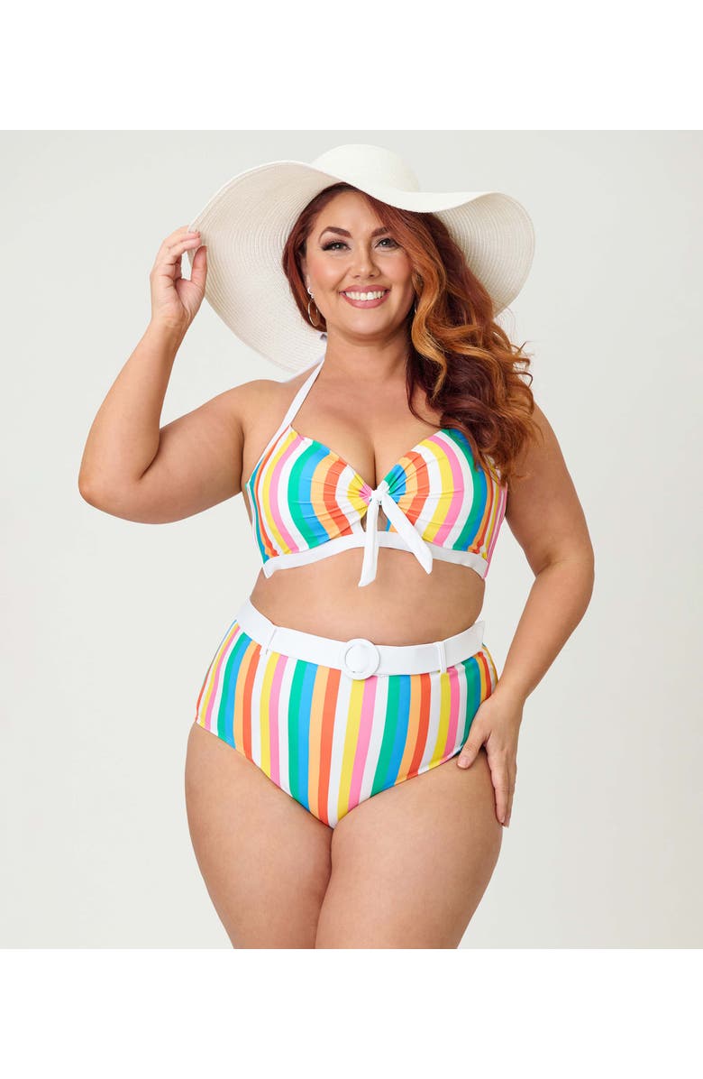 Unique Vintage Plus Size Bow Halter Swim Top, Alternate, color, Blue Rainbow Stripe