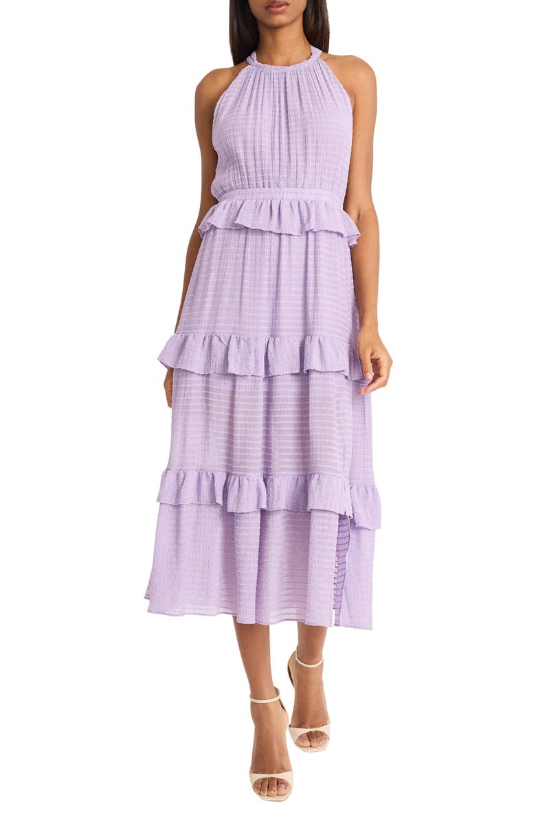 DONNA MORGAN FOR MAGGY Halter Neck Ruffle Tiered Midi Dress, Main, color, Lilac