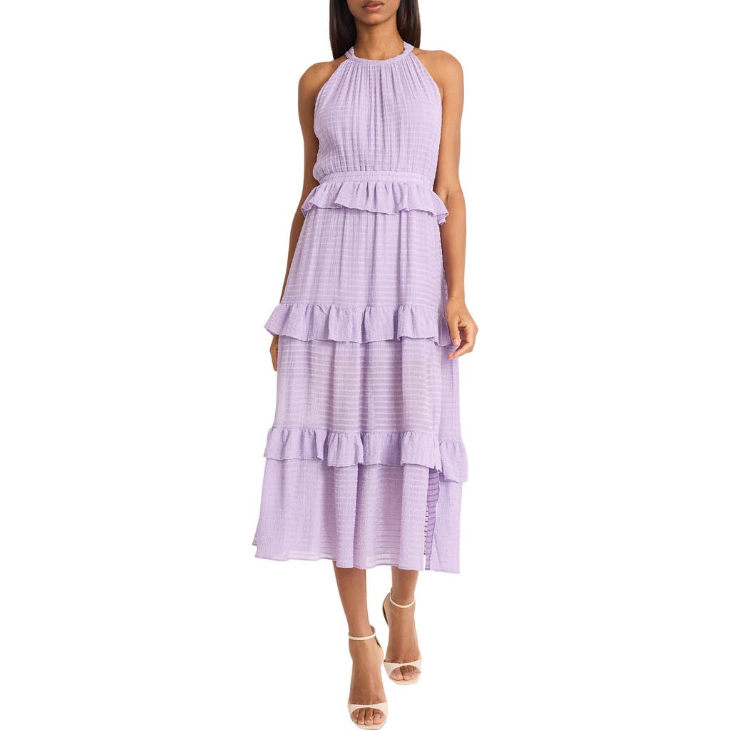 Donna Morgan For Maggy Halter Neck Ruffle Tiered Midi Dress