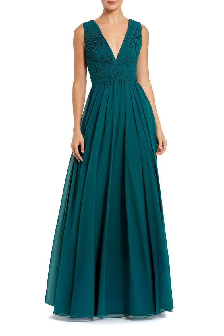 Sleeveless Ruched V Neck Chiffon Gown, Main, color, Teal
