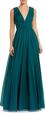 Mac Duggal Sleeveless Ruched V Neck Chiffon Gown