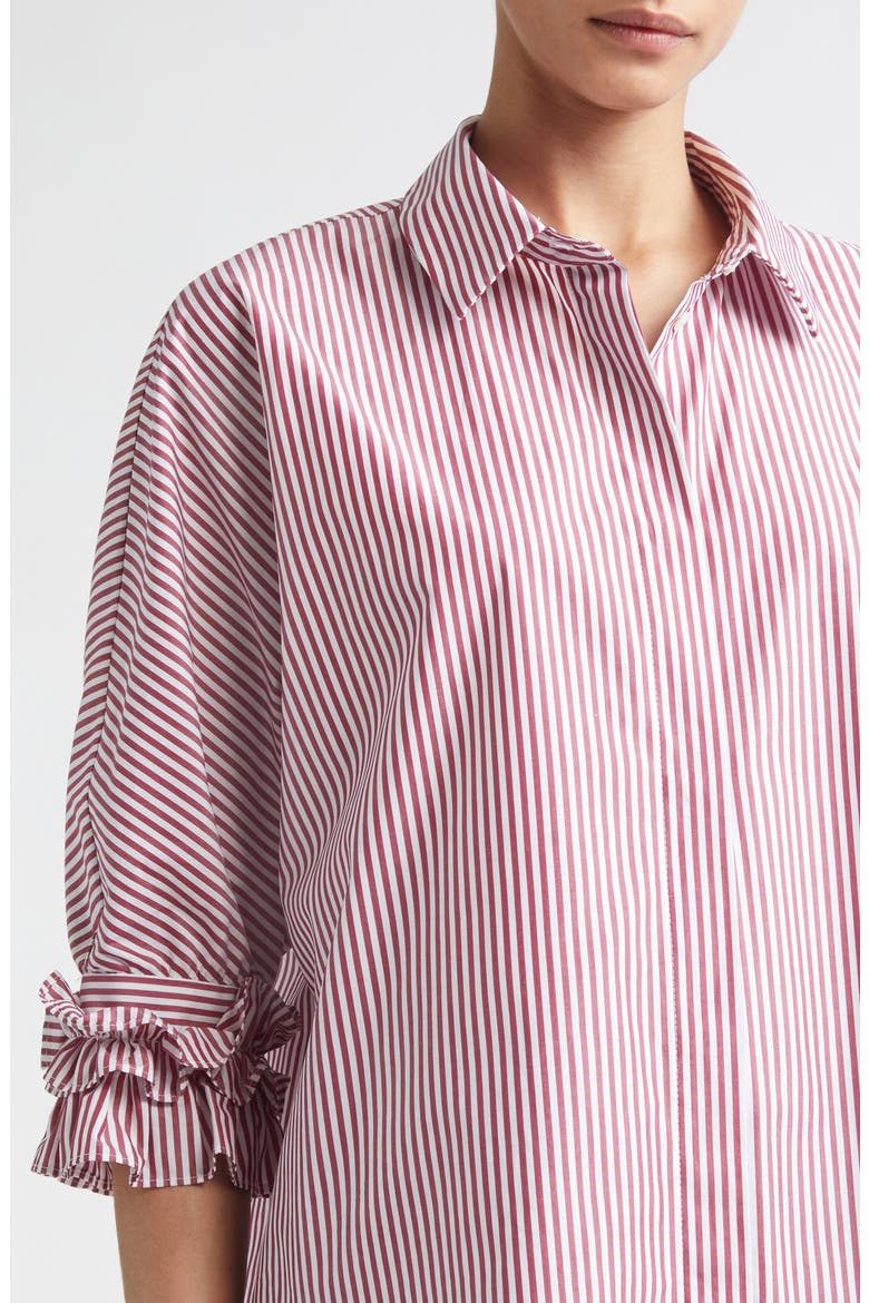 Nebbie Stripe Ruffle Elbow Sleeve Button-Up Shirt, Alternate, color, BORDEAUX