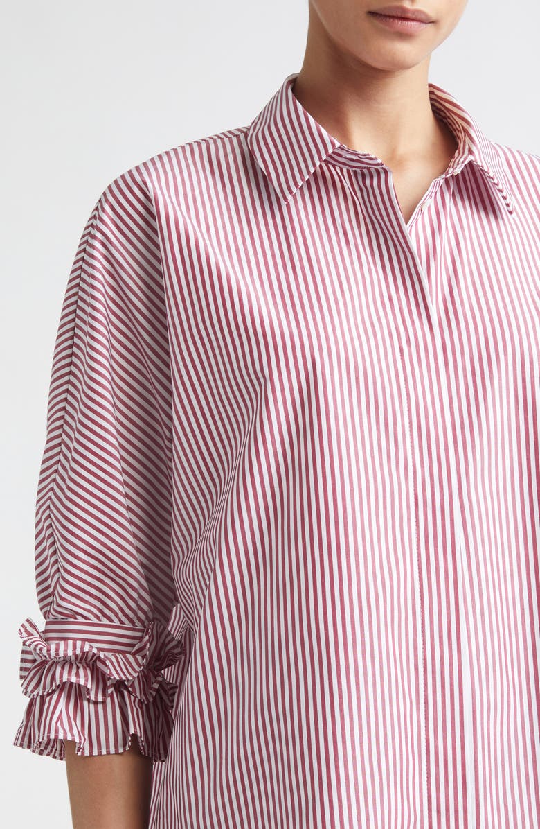 Max Mara Nebbie Stripe Ruffle Elbow Sleeve Button-Up Shirt, Alternate, color, Bordeaux