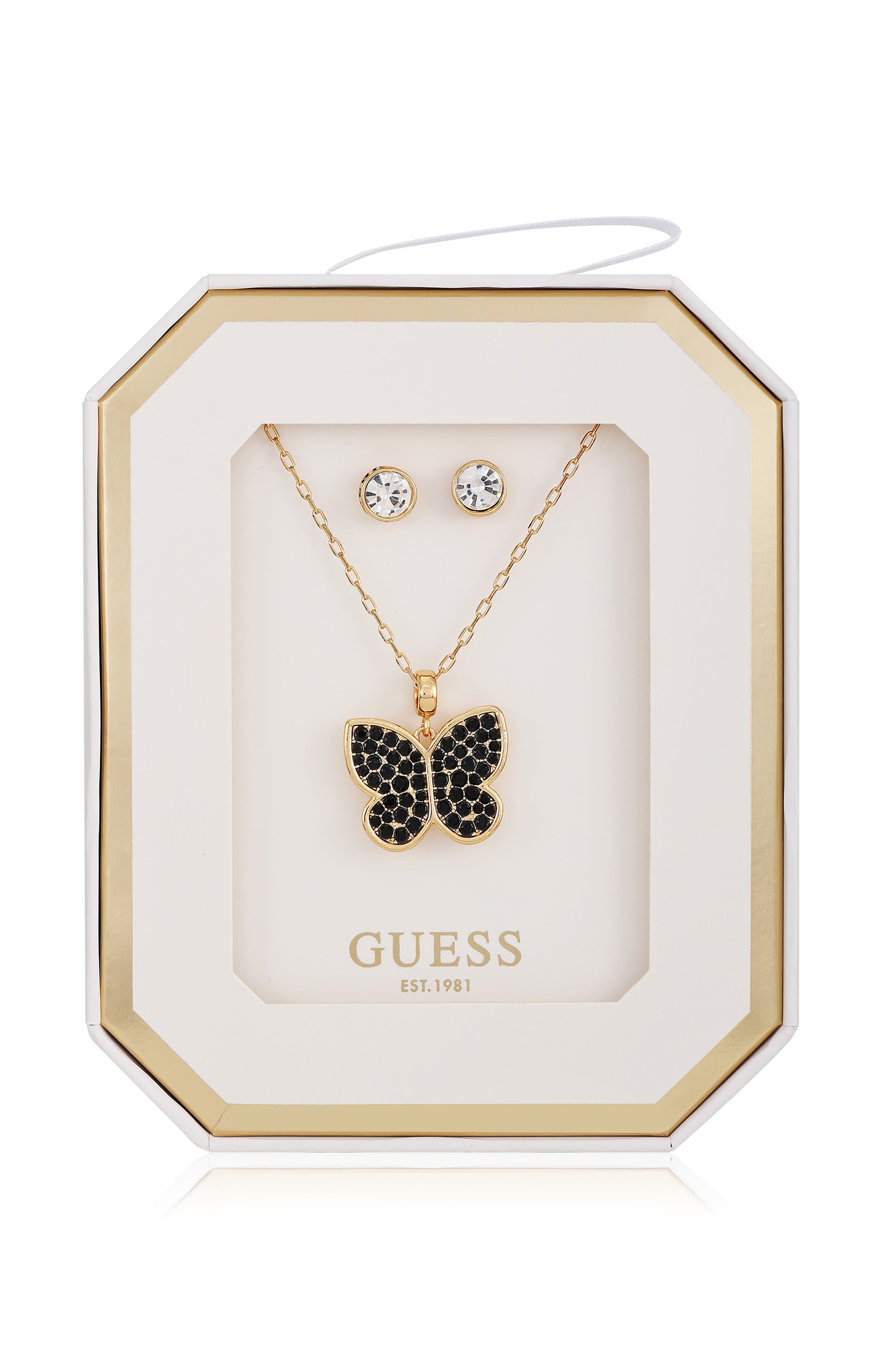 GUESS Butterfly Pendant Necklace & Stud Earrings Set