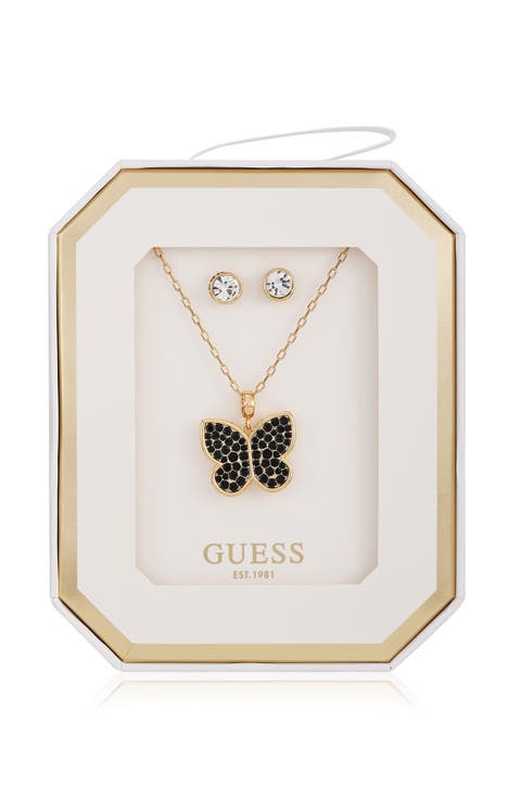 Butterfly Pendant Necklace & Stud Earrings Set