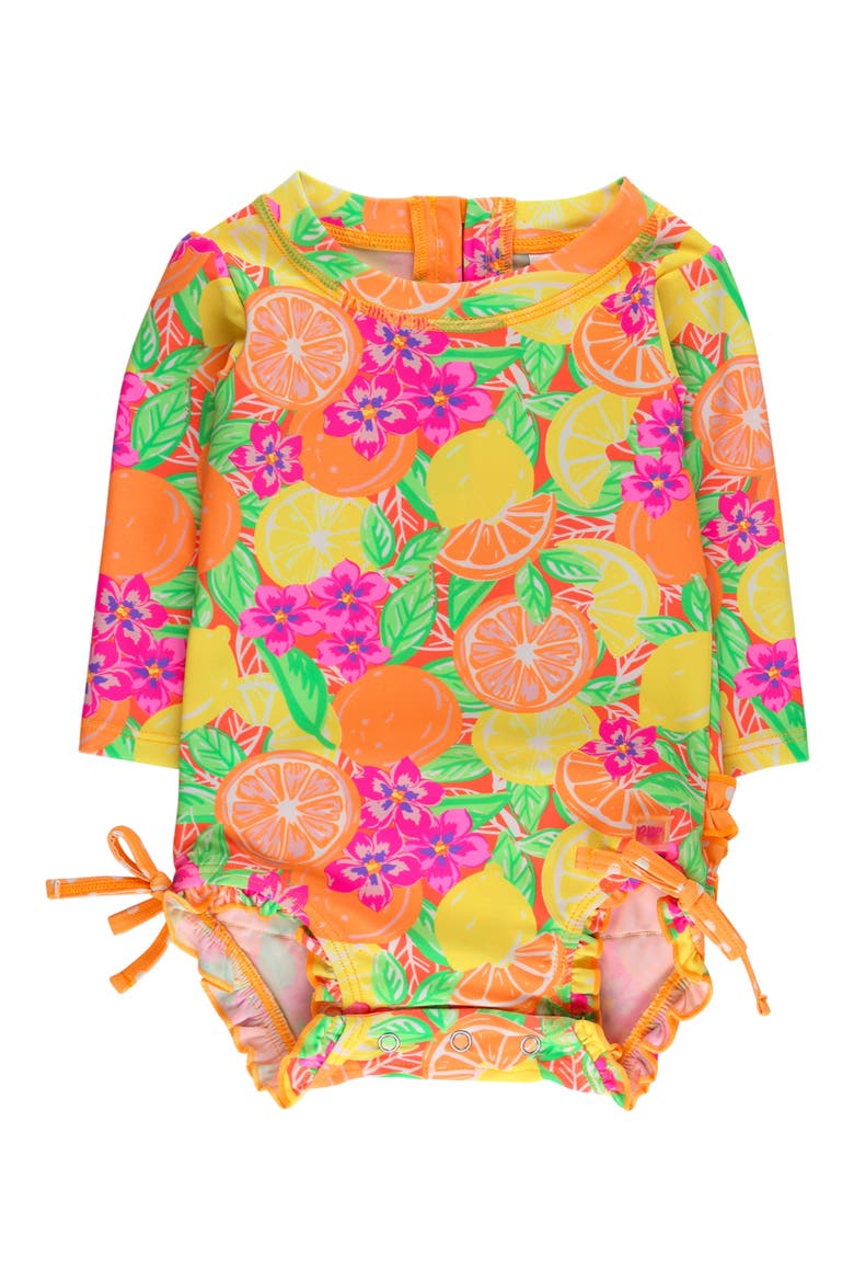 Neon Ruffle Long Sleeve UPF 50+ One-Piece Rashguard Swimsuit, Main, color, YELLOW