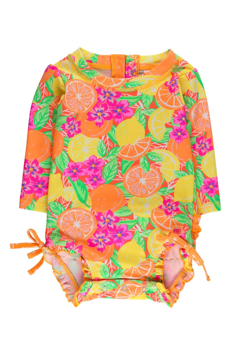 RuffleButts Neon Ruffle Long Sleeve UPF 50+ One-Piece Rashguard Swimsuit, Main, color, Yellow