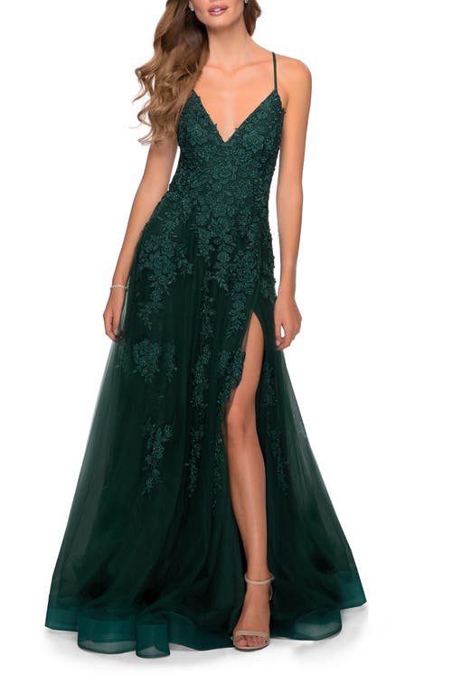 La Femme Tulle Prom Dress With Floral Detail And Side Slit In Green