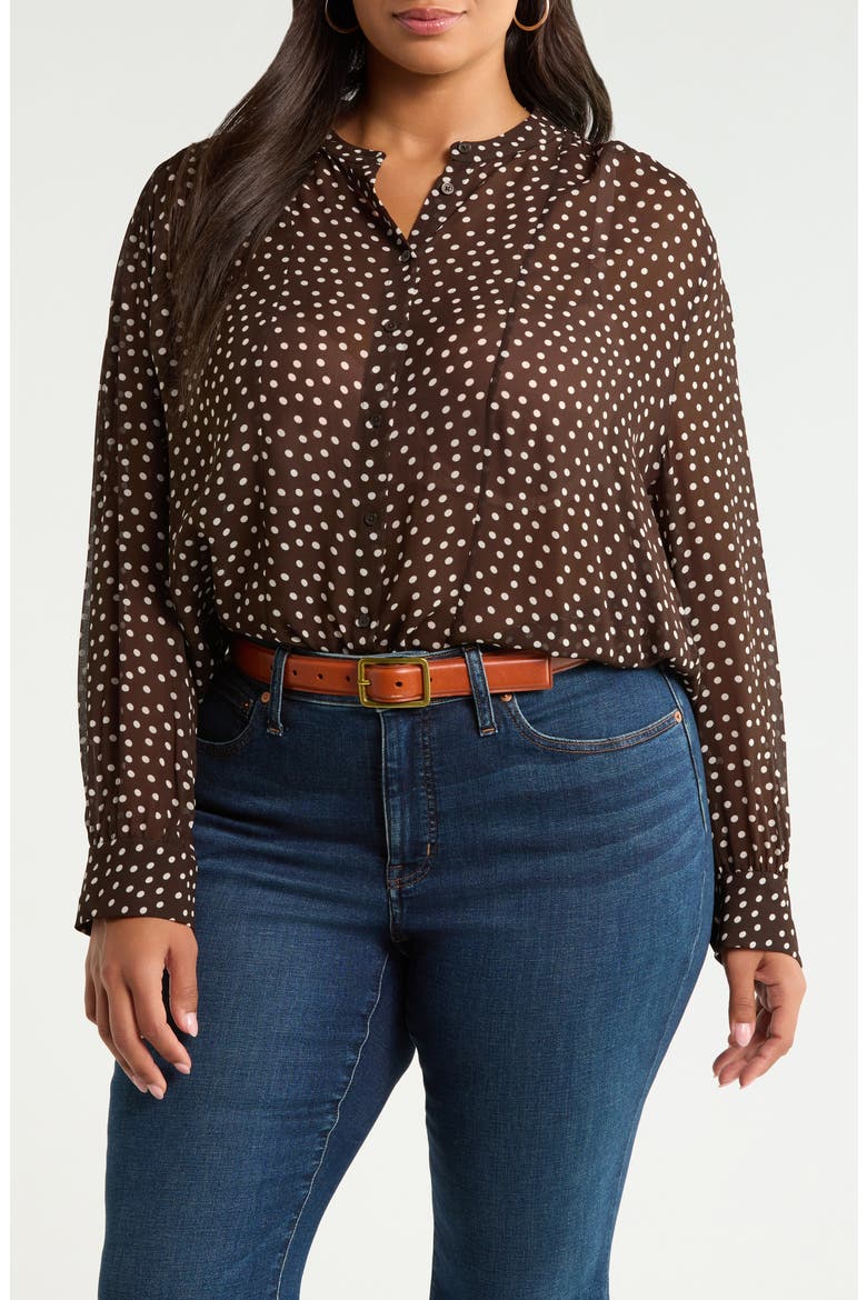 Shirred Chiffon Button-Up Shirt, Main, color, BROWN M- IVORY QUYNH DOT